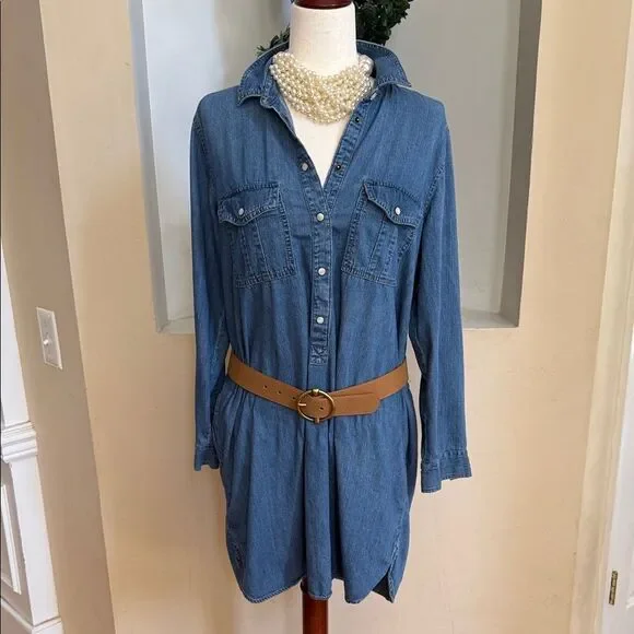 GAP Blue Long Sleeve Vintage Denim Pearl Snaps Dress with pockets - Picture 3 of 15